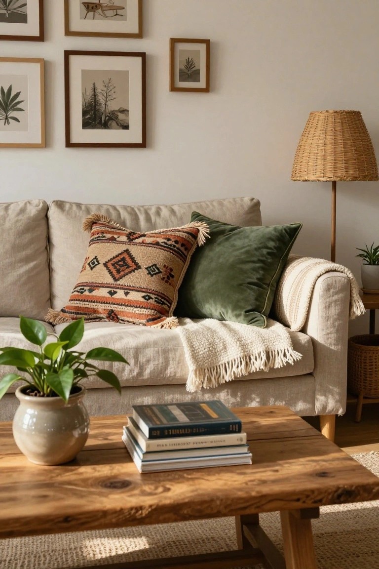 Beige linen sofa with orange fringed patterned pillow, green velvet pillows, white knit throw blanket, potted plant, stack of books on rustic wooden coffee table, rattan lamp, and assorted framed botanical prints on white walls.