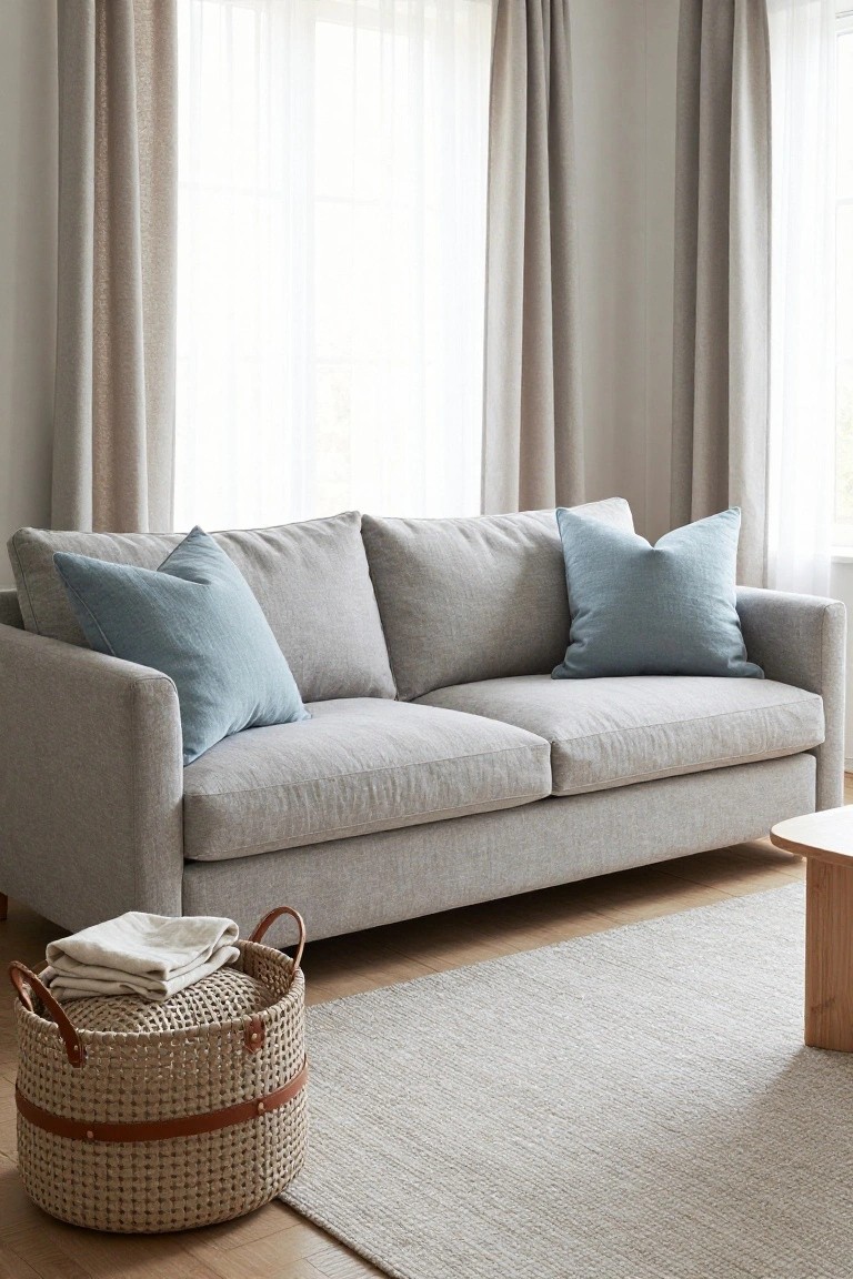 Gray sofa with blue pillows beside a woven basket on a rug.