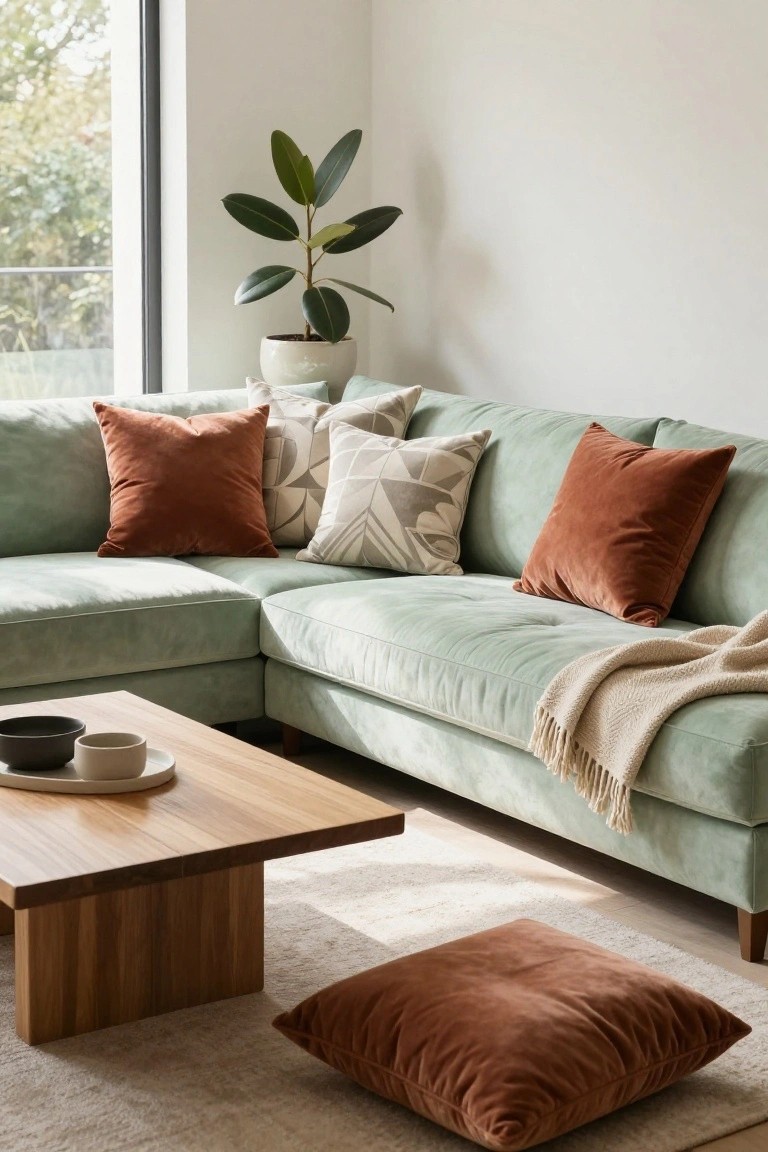 Sage green velvet L-shaped sofa with rust velvet square pillows, cream geometric patterned pillows, beige throw blanket, wooden coffee table holding cups and a plate, rust floor pillow, and potted plant near window in bright room.