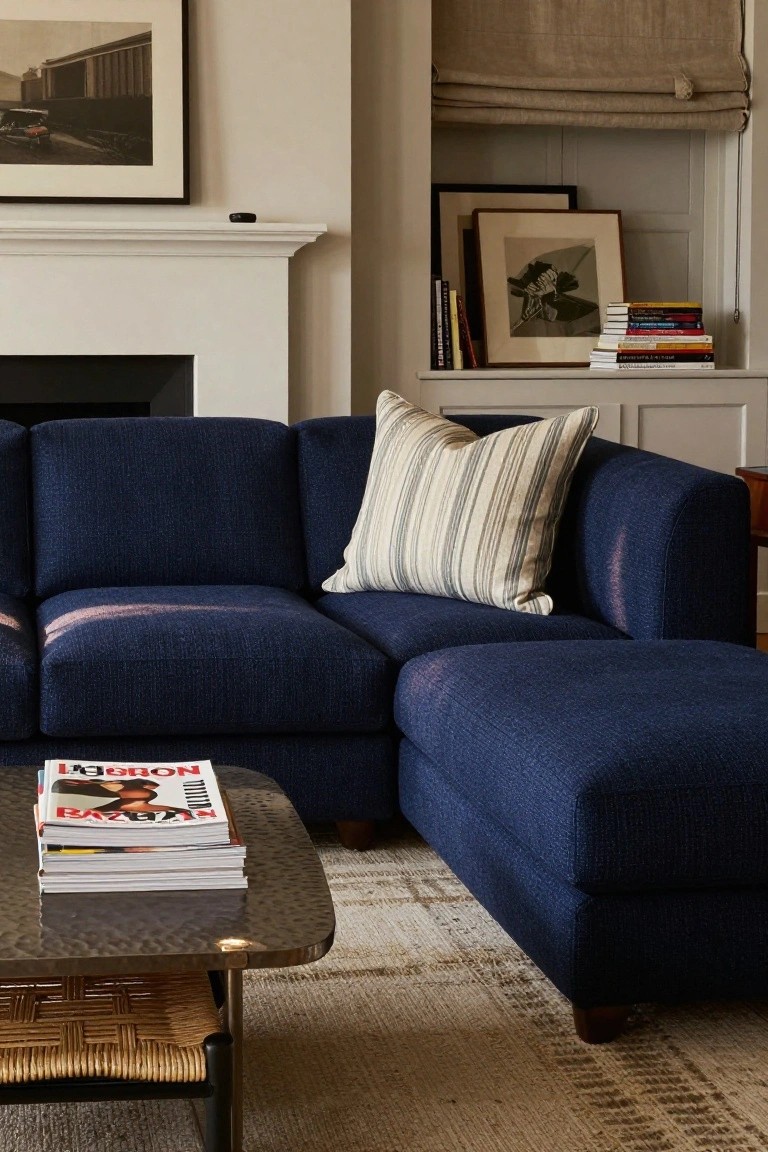 Navy blue L-shaped sofa in a living room with one large striped lumbar pillow in the corner, a hammered metal coffee table holding stacked magazines, white fireplace mantel, and built-in bookshelves.