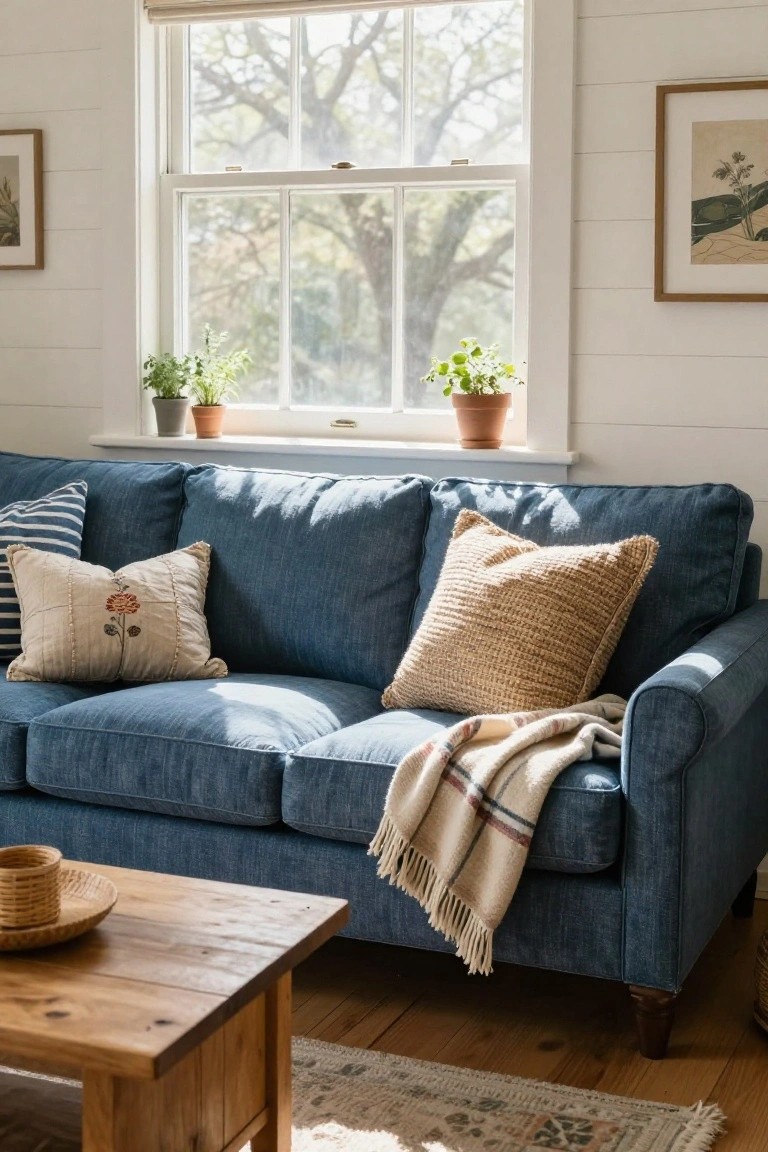 Navy blue sofa with layered pillows including striped, embroidered floral, and textured beige ones, plus a light plaid throw blanket, in a white-walled room with window plants and a wooden coffee table.