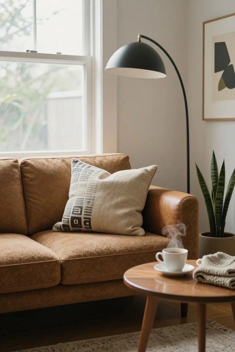 Tan leather sofa in a light-filled living room with two cream pillows, one featuring black geometric pattern, beside a wooden coffee table holding a white teacup on a saucer, a snake plant in a pot, black arc floor lamp, and window with outdoor view.