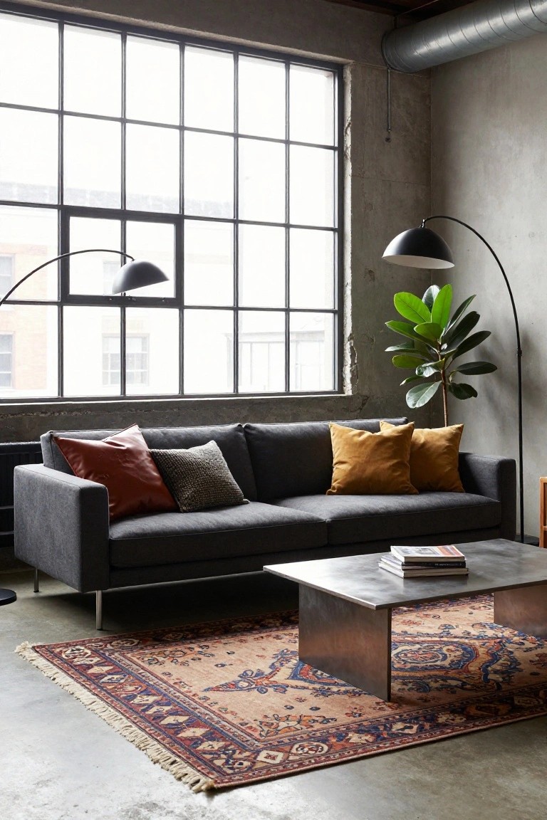 Industrial living room featuring a low gray sofa with red leather pillow, textured gray pillow, and two mustard pillows, beside a metal coffee table on an ornate rug, with large metal-framed windows, arc lamp, and potted fiddle leaf fig.
