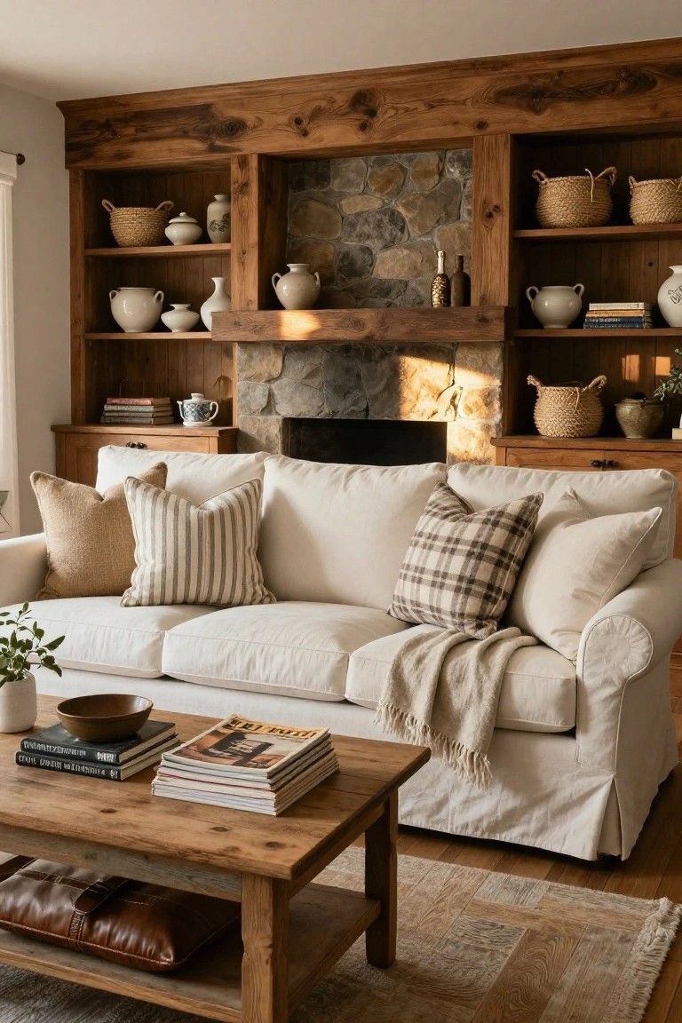 Cream slipcovered sofa with beige textured pillows, striped pillows, plaid pillows, and a light throw in a living room with wooden bookshelves around a stone fireplace and wooden coffee table.