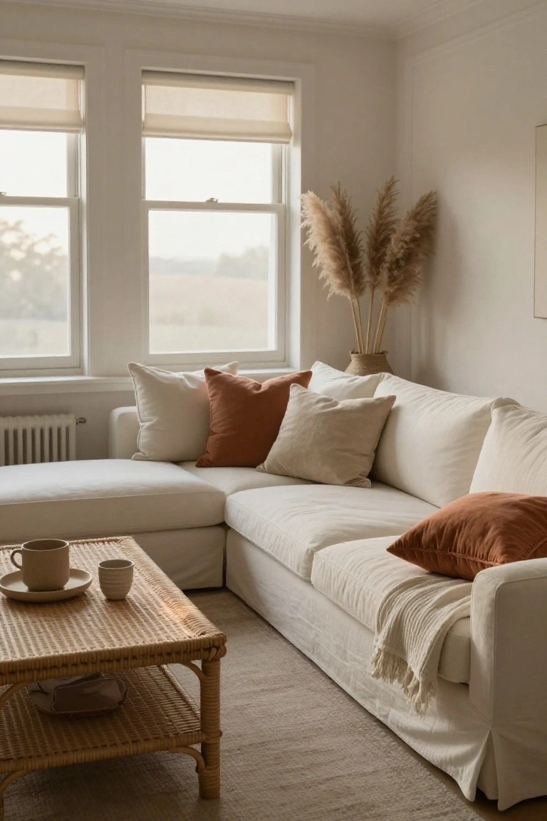 White L-shaped sofa in a beige room with cream and terracotta pillows, rattan coffee table holding cups and saucers, pampas grass in vase by windows with shades partially drawn.