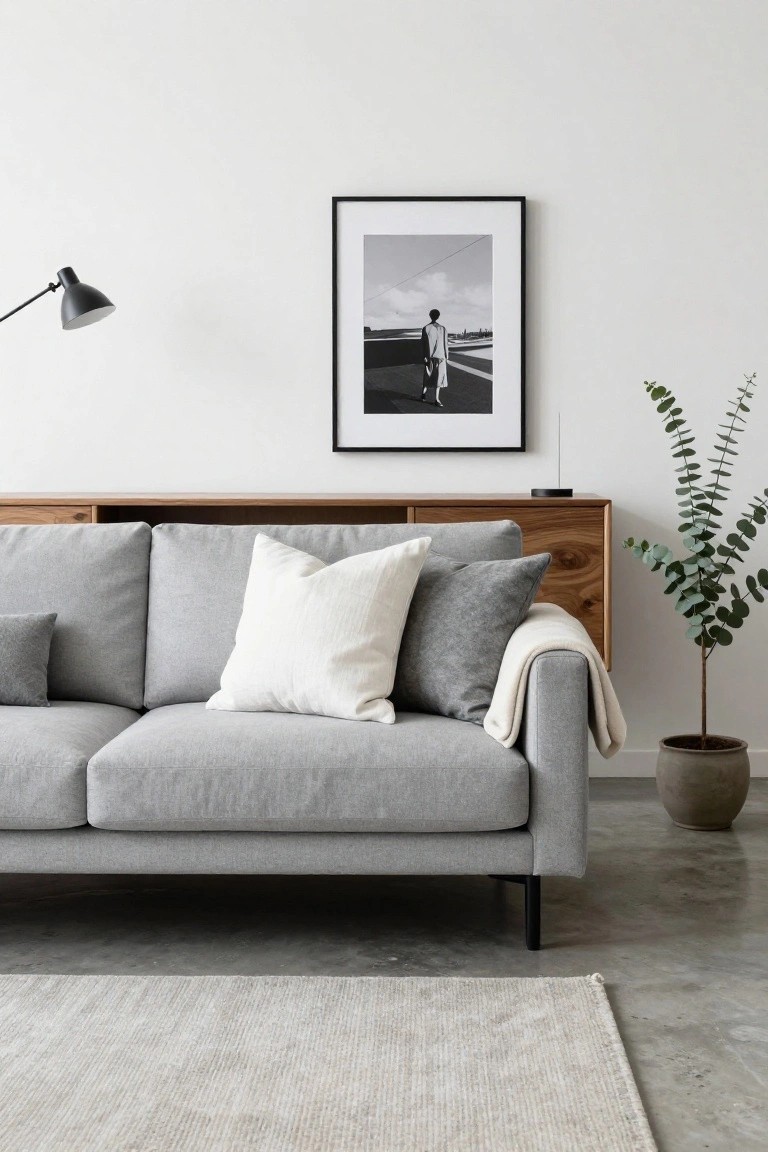 Gray L-shaped sofa with white lumbar pillow, gray accent pillows, and cream throw blanket, positioned next to wooden credenza, potted eucalyptus plant, and black-framed photo on white wall in minimalist room with light rug on concrete floor.