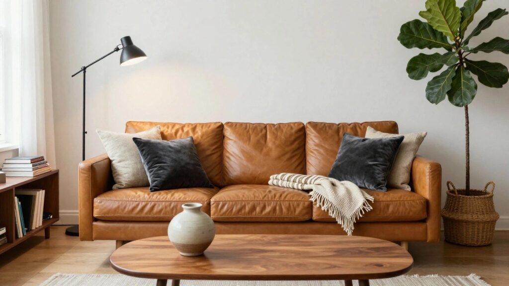 Tan leather sofa in a living room with two cream linen pillows, one black velvet pillow, cream throw blanket, wooden bookshelves, tripod floor lamp, fiddle leaf fig plant, round wooden coffee table, and beige rug.