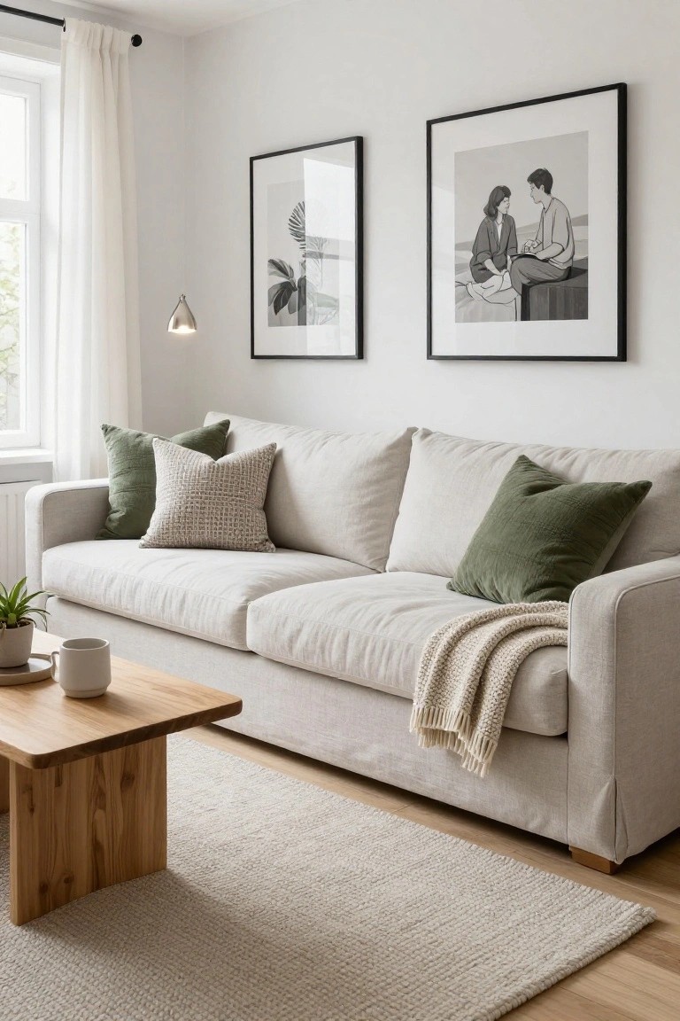 Cream fabric sofa with green velvet pillows, a textured neutral pillow, and a light knit throw draped over the arm, next to a wooden coffee table with a plant and mug in a white-walled living room.