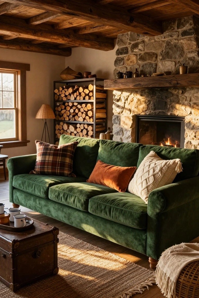 Green velvet sofa with plaid, orange velvet, and white knit pillows in a rustic living room featuring wooden beams, stone fireplace, and firewood rack.