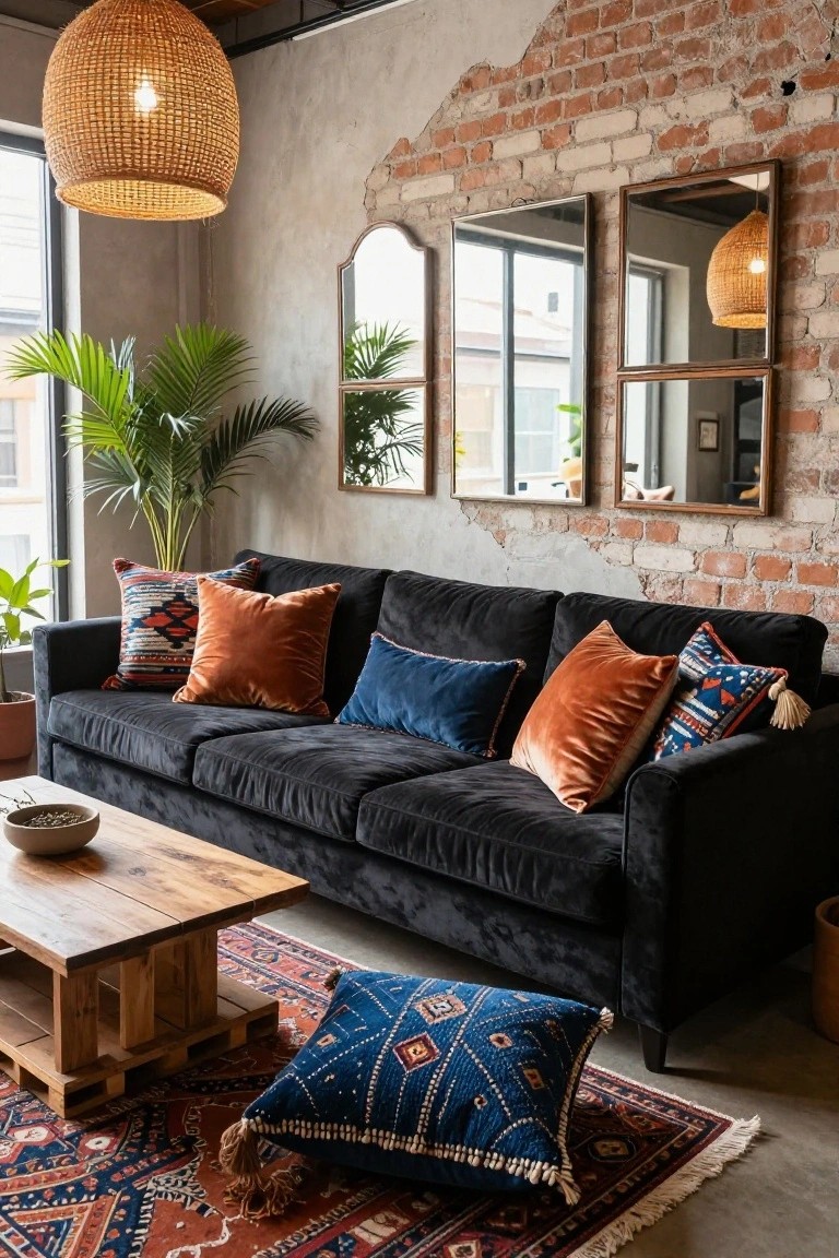 A black velvet sofa with orange, navy, and patterned pillows in a room featuring exposed brick walls, arched mirrors, potted plants, a wooden coffee table, and a colorful rug.