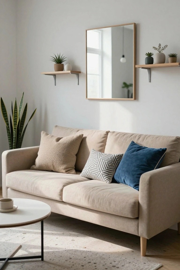 A beige three-seater sofa with cream textured pillows, a black-and-white geometric pillow, and a blue velvet pillow sits in a white-walled living room with houseplants, wooden shelves, a large mirror, and a white coffee table.