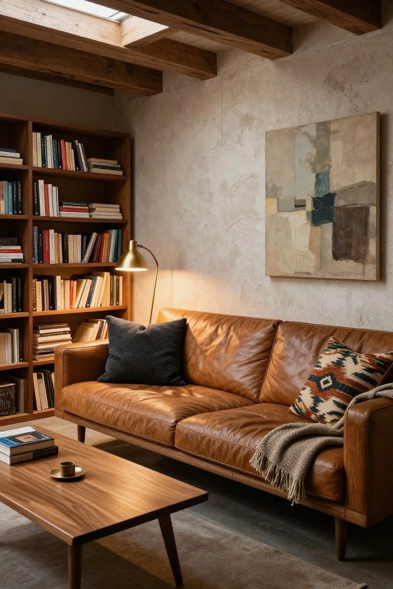 Tan leather sofa with black pillow, patterned pillow, and knit throw in a cozy room with wooden bookshelves, arched lamp, wooden coffee table holding books and a cup, textured walls, abstract painting, beamed ceiling, and skylight.