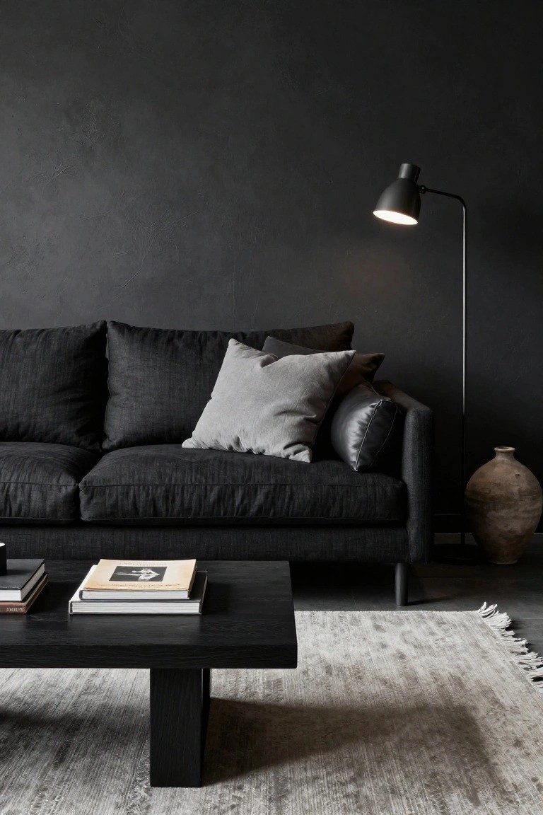 Black textured sofa with gray and black pillows against a dark wall, beside a tall black floor lamp, black coffee table with stacked books, and light gray rug.