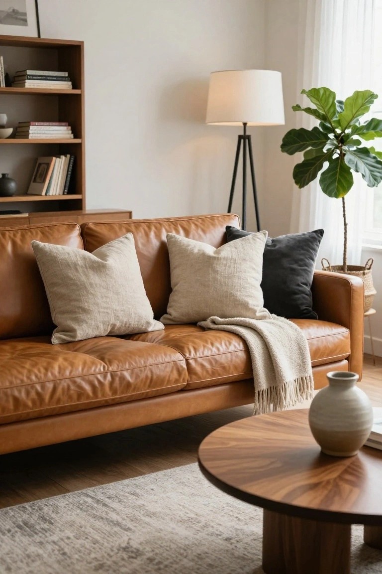 Tan leather sofa in a living room with two cream linen pillows, one black velvet pillow, cream throw blanket, wooden bookshelves, tripod floor lamp, fiddle leaf fig plant, round wooden coffee table, and beige rug.
