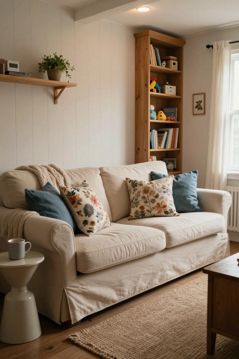 Cream slipcovered sofa with blue solid pillows, floral patterned pillows, and a beige throw blanket in a light room with wooden bookshelves, plant shelf, side table, mug, and window.
