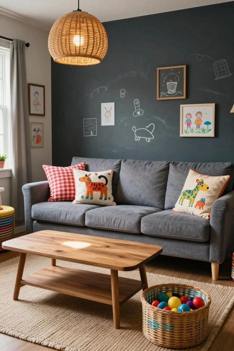Gray three-seater sofa with red checkered, zebra, and giraffe pillows in a playroom featuring a chalkboard wall, wooden coffee table, colorful ball basket, and rattan pendant light.