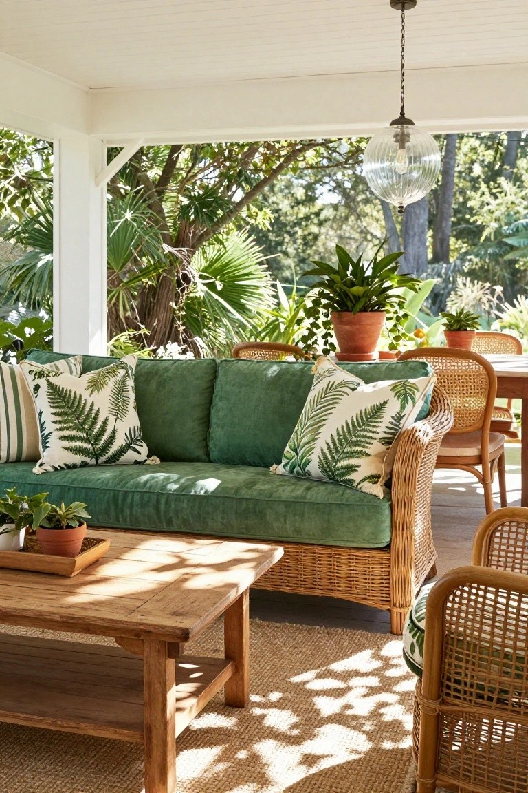 Emerald green velvet sofa with large white fern-patterned pillows, striped accent pillows, wicker chairs, wooden coffee table, potted plants on a covered porch overlooking tropical greenery and trees.