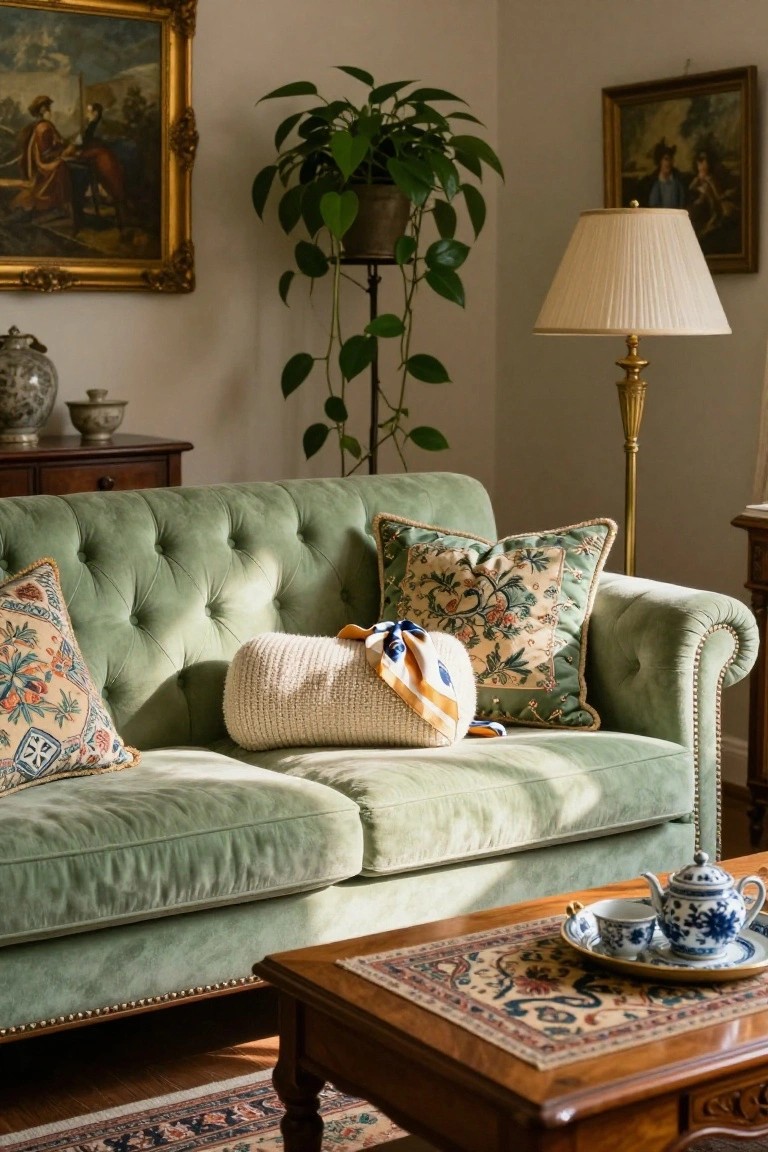 Green tufted velvet sofa in a living room corner with embroidered floral pillows, a cream knit bolster pillow draped with an orange scarf, wooden coffee table holding blue and white teapot and cup, potted plant, brass lamp, and framed paintings on walls.