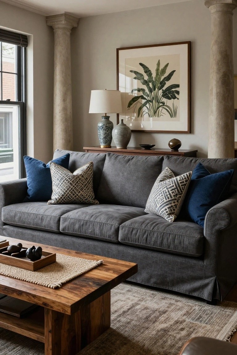 Gray sofa with blue and patterned pillows near wooden coffee table and framed art.