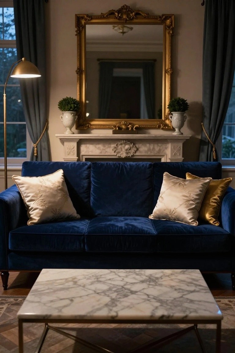 A navy blue velvet three-seater sofa with cream satin embroidered pillows and gold satin pillows in a living room with marble coffee table, gold-framed mirror over marble fireplace, potted topiaries, and brass floor lamp.