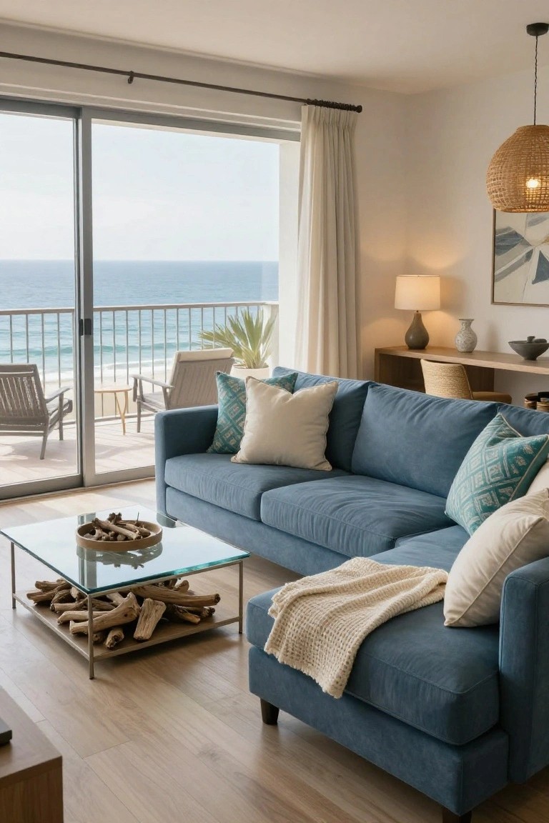 Modern living room featuring a navy blue L-shaped sectional sofa with teal patterned pillows, white pillows, a cream throw blanket, glass coffee table with driftwood, and sliding glass doors opening to a balcony with ocean view.