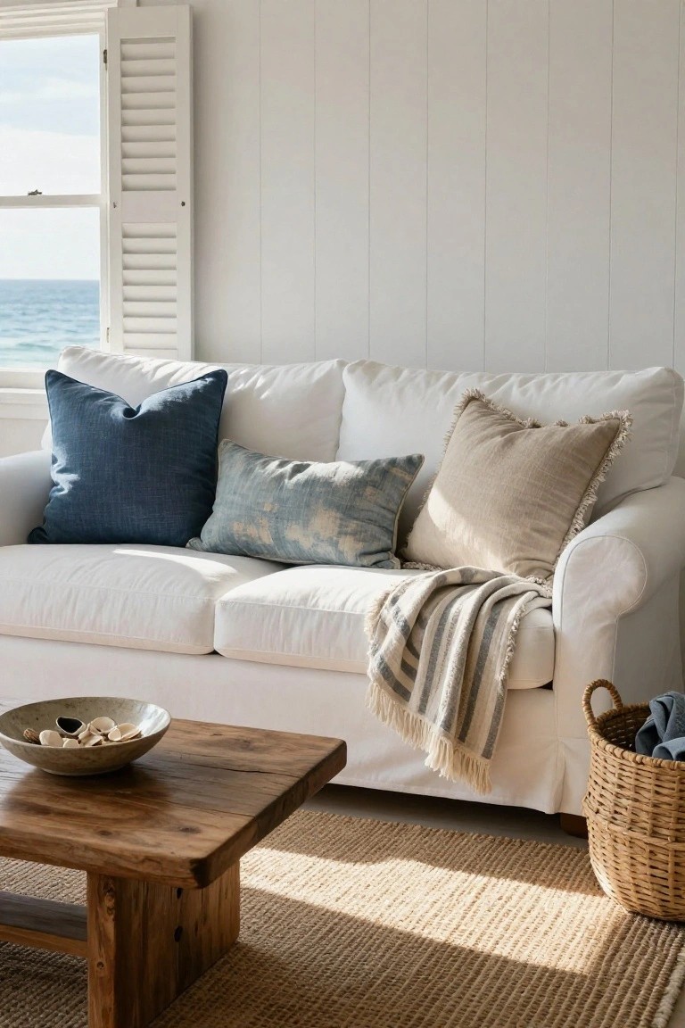 White linen sofa with navy blue, faded blue, and beige fringed pillows, gray striped throw blanket, wooden coffee table with bowl of shells, wicker basket, seagrass rug, and ocean view through white shuttered windows.
