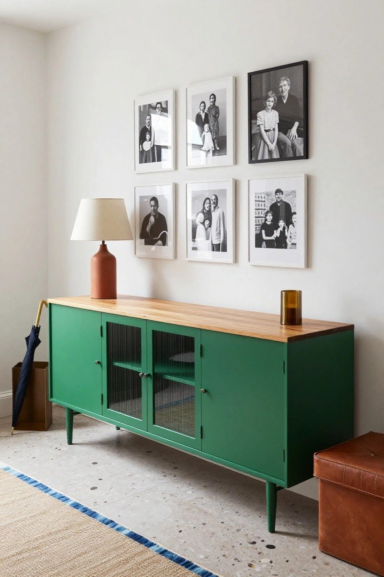 A long green sideboard with a light wood top and glass doors in the center stands against a white wall beneath framed black and white family photos, with a terracotta lamp on the left side.