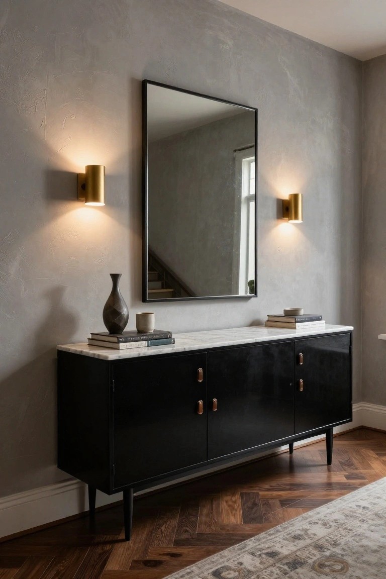 Black sideboard with marble top beneath framed mirror and brass sconces.