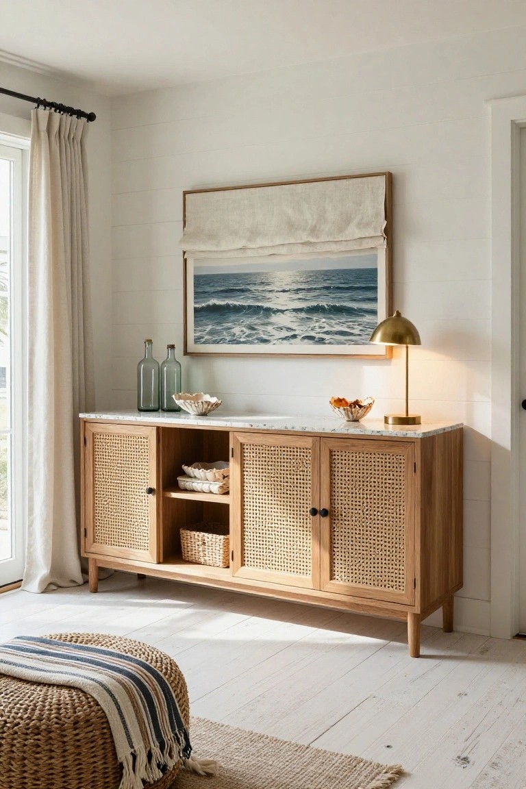 A light wood sideboard with woven cane doors and a marble top is placed against a white wall beneath a large framed ocean print.