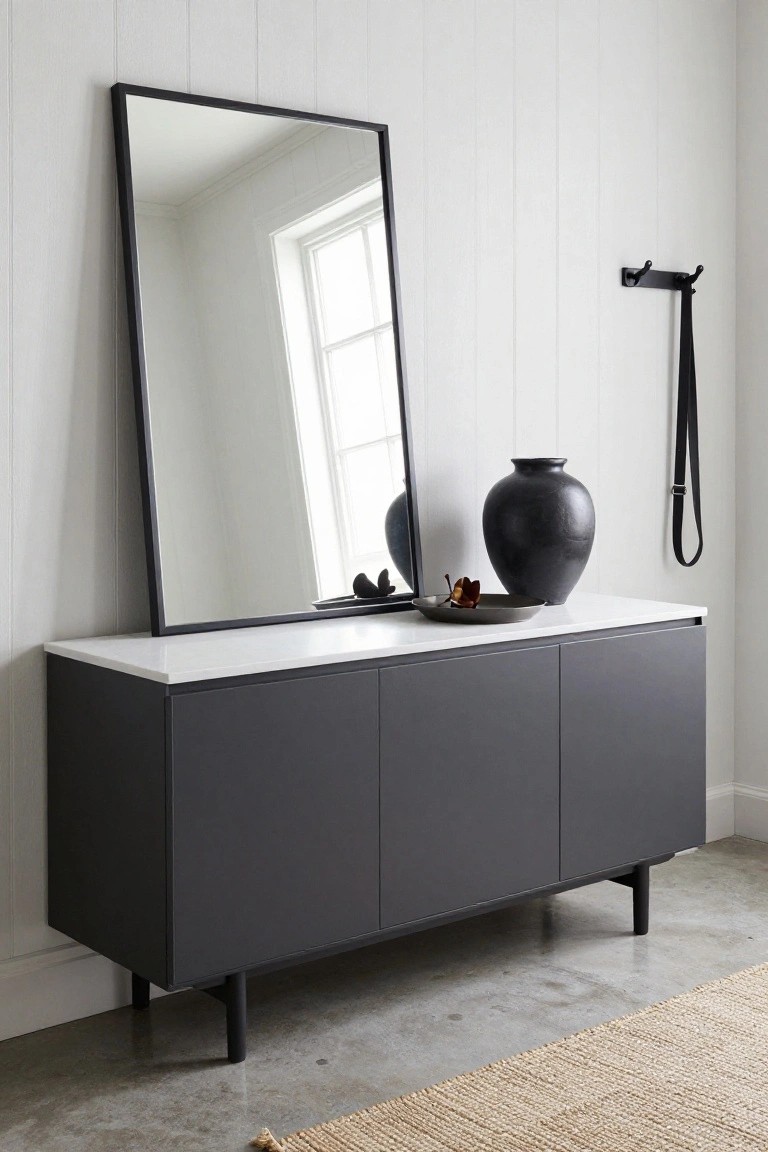 A dark gray sideboard with a white top and three doors stands below a large black-framed mirror in a bright room with light walls.