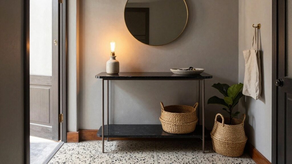 A narrow wooden console table with a black top, single drawer, metal legs, and lower shelf holding a woven basket, placed under a round mirror in a light-colored entryway.