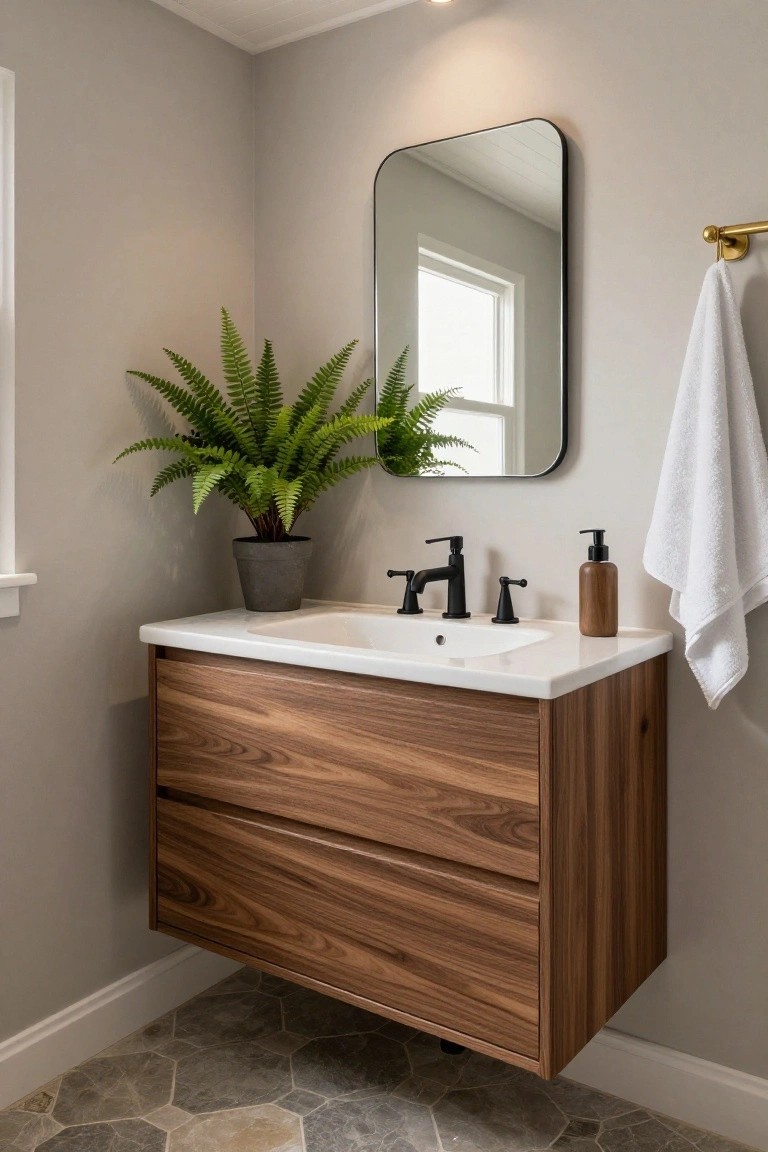 A floating wooden bathroom vanity with two drawers, white countertop and sink, black faucet, potted fern, and wall mirror above.