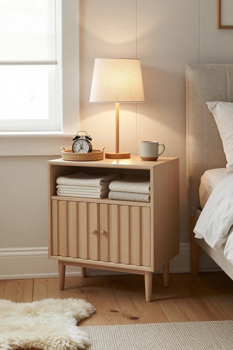 Wooden nightstand with lamp, clock, mug, and folded linens.