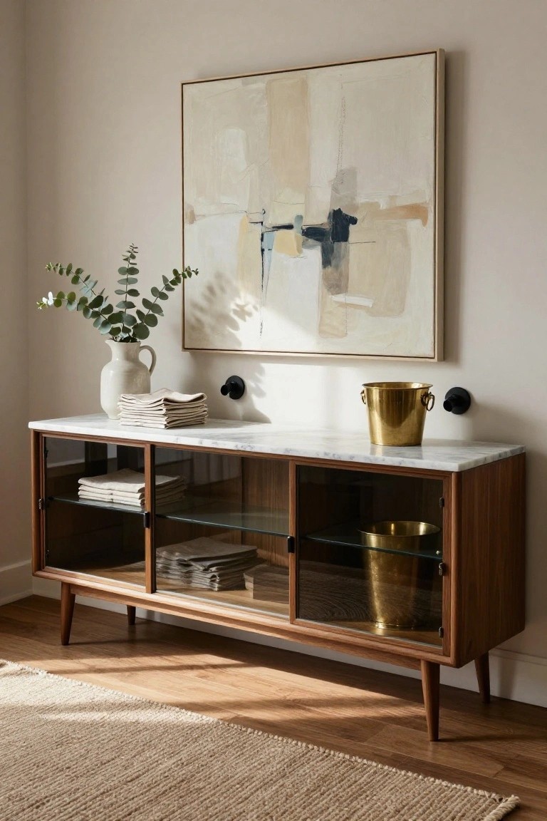 A long wooden sideboard with a marble top, glass cabinet doors, and decorative items arranged on and inside it beneath an abstract painting on a light wall.