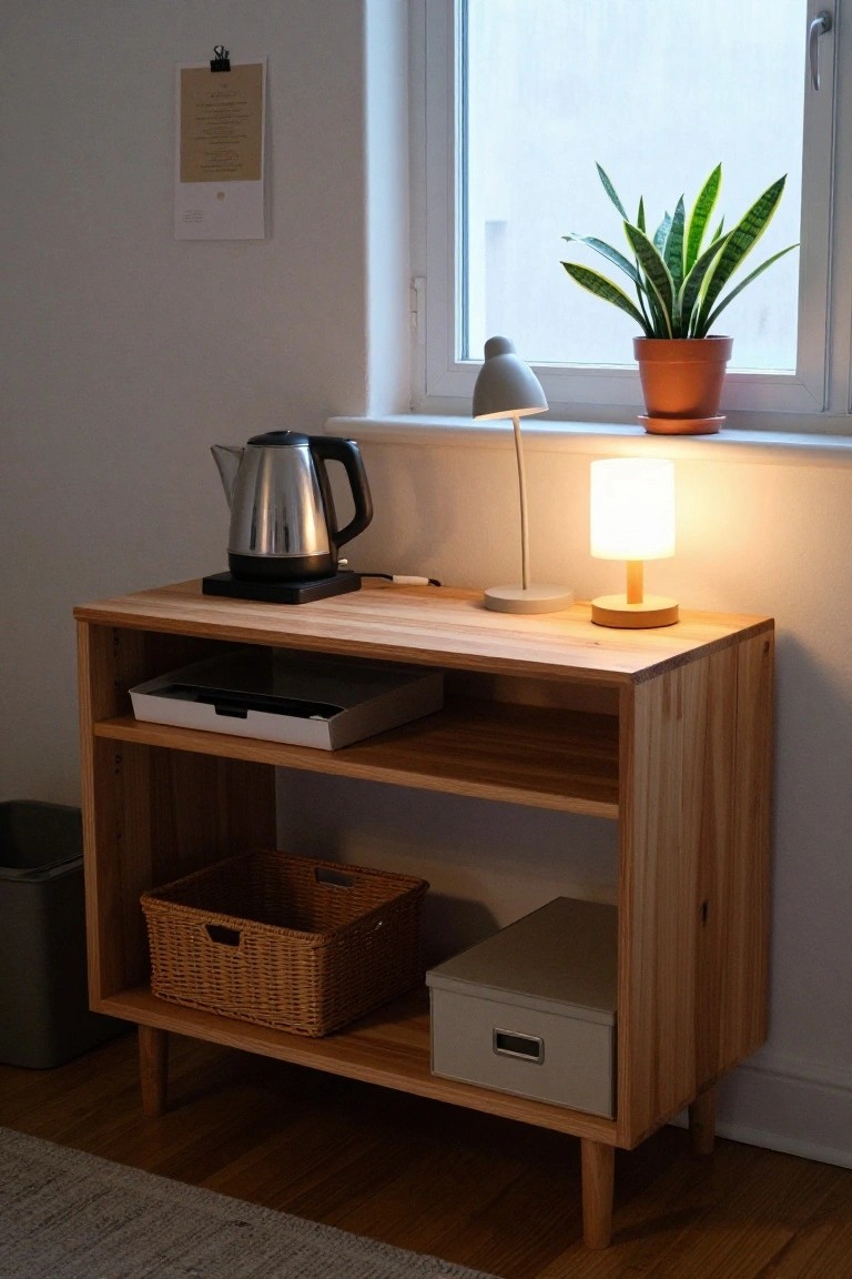A light wood sideboard with open lower shelf holding a woven basket and a gray drawer unit, topped with a silver kettle and two lamps near a window.