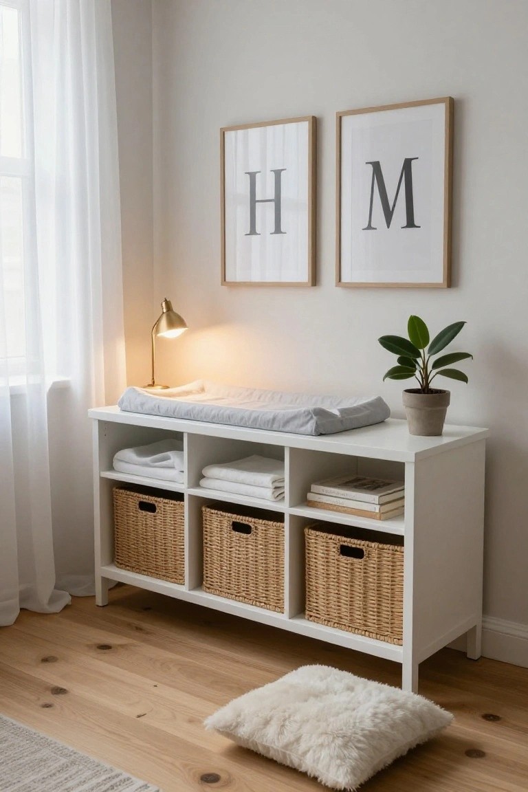 White changing table with baskets, lamp, plant, and framed HM letters.