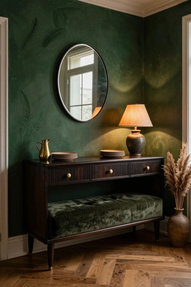 A dark wood sideboard with drawers above and a green upholstered bench fitted underneath, set against a textured green wall with a round mirror and table lamp.