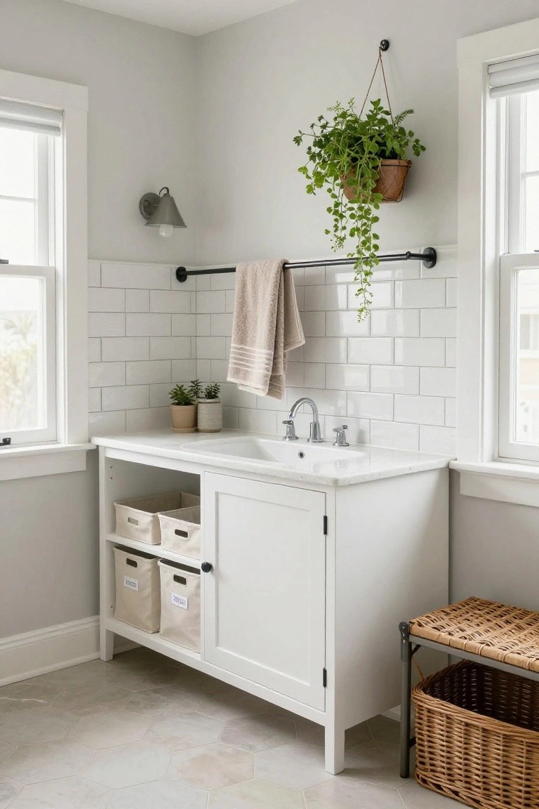 A white sideboard vanity with open shelves holding fabric storage bins under a sink, set against a white subway tile wall with a hanging plant above.