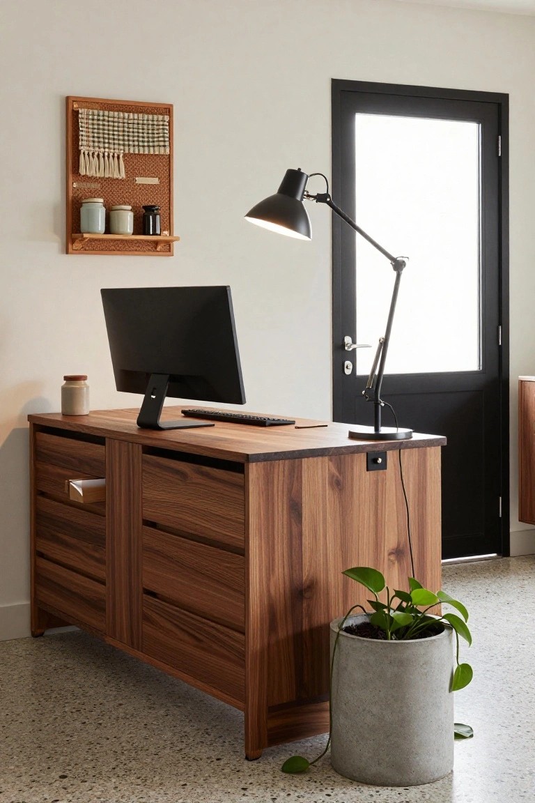 A wooden sideboard with multiple drawers functions as a desk in a modern interior, holding a computer monitor, keyboard, and black desk lamp beside a potted plant.