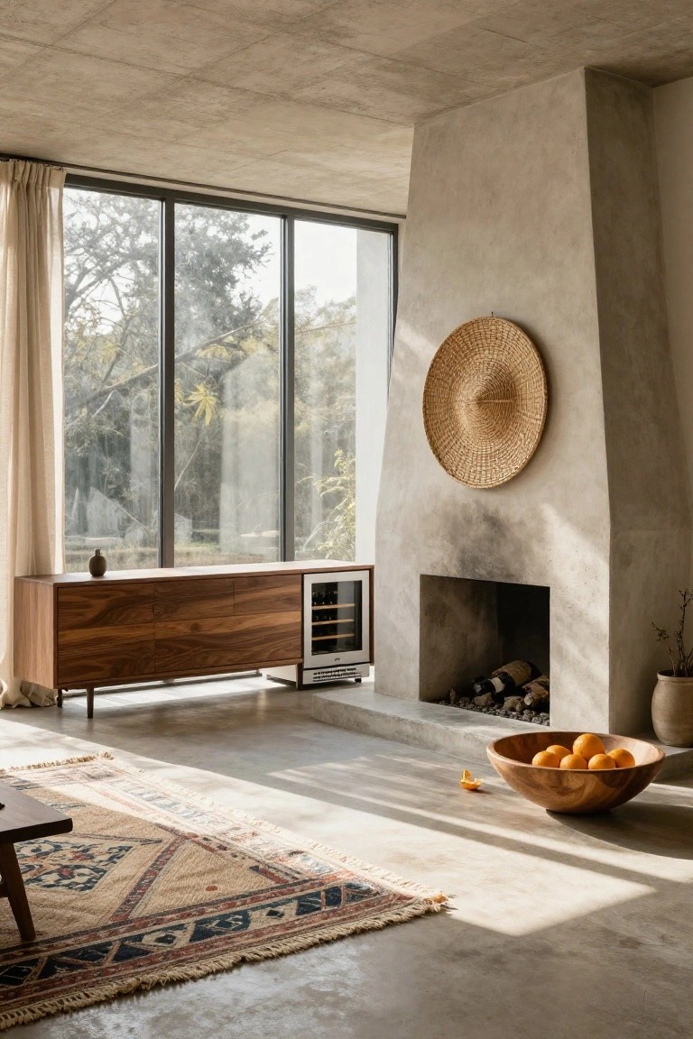 Modern living room with walnut sideboard, concrete fireplace, and woven rug.