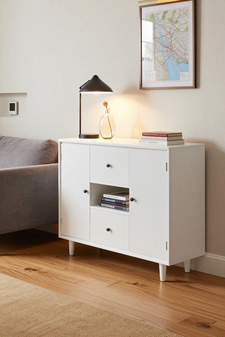 White wooden cabinet with drawers, books, and black lamp on wood floor.