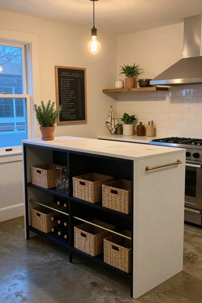 Modern kitchen with white island, wicker baskets, and chalkboard menu.