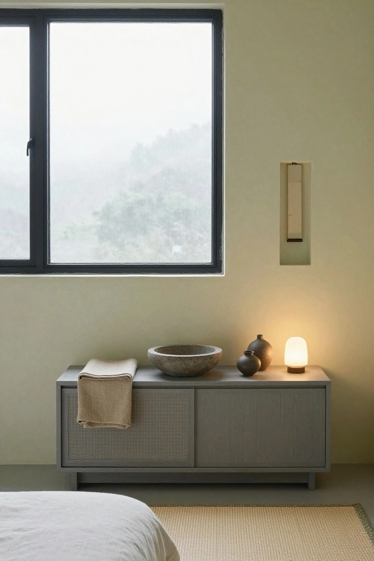 A gray sideboard with one woven cane door sits under a large window in a bedroom, topped with a stone bowl, two small vases, a folded cloth, and a lit lamp.