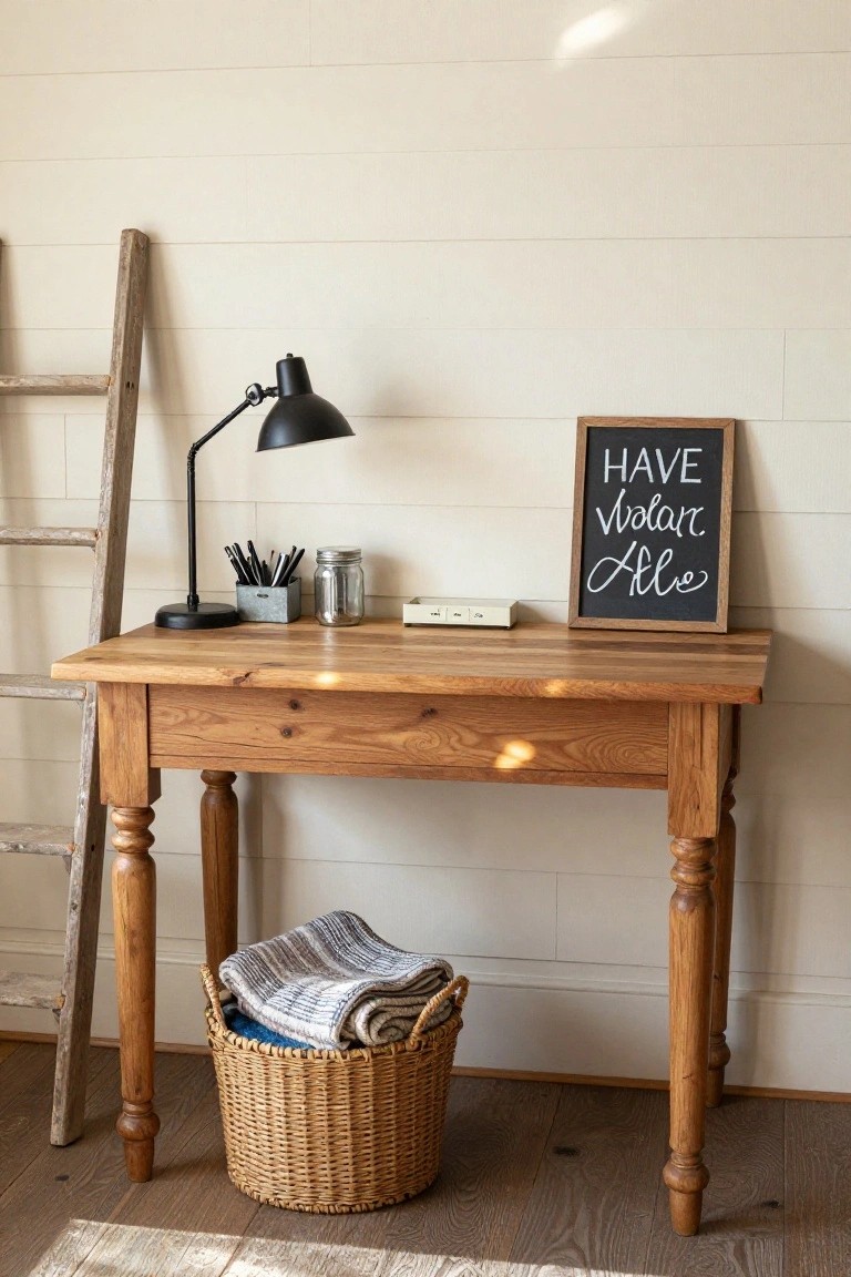 A wooden desk with turned legs holds a black lamp, pen cup, glass jar, and framed chalkboard sign, with a woven basket containing folded blankets stored underneath against white shiplap walls.