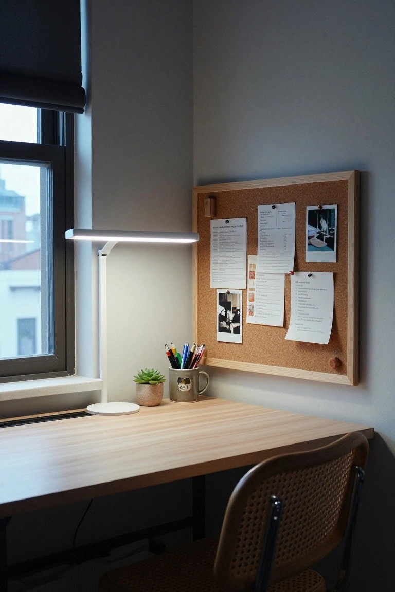 A corner desk with a light wood surface, white lamp, small plant, and mug of pens sits below a wooden-framed corkboard pinned with papers and photos next to a window.