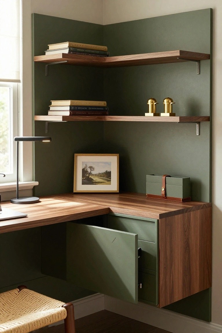 A wooden corner desk with floating walnut shelves on a green wall, a built-in green cabinet with an open door, and a desk lamp with framed art on the surface.