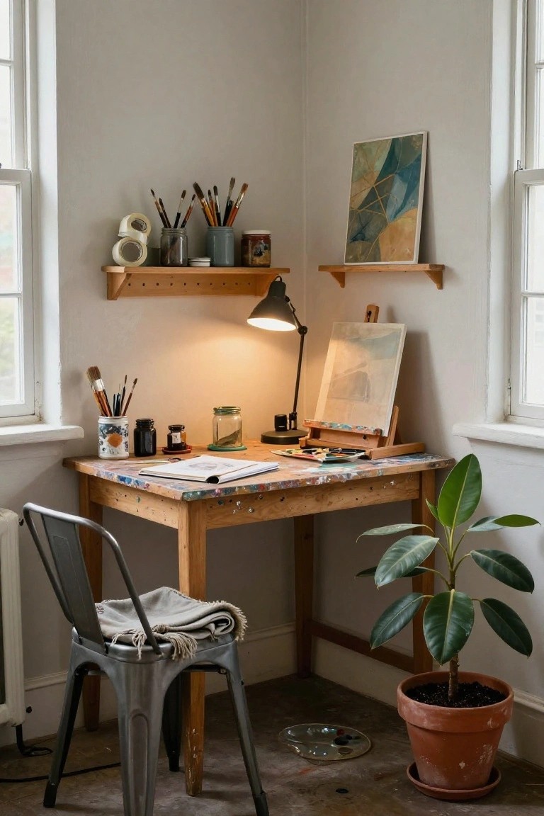 Artist's wooden desk with paint-splattered surface, chair, lamp, and potted plant.