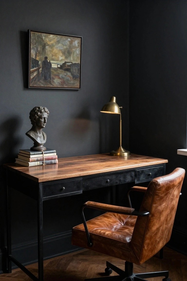 A vintage wooden desk with a brown leather chair, brass lamp, and bust sculpture.