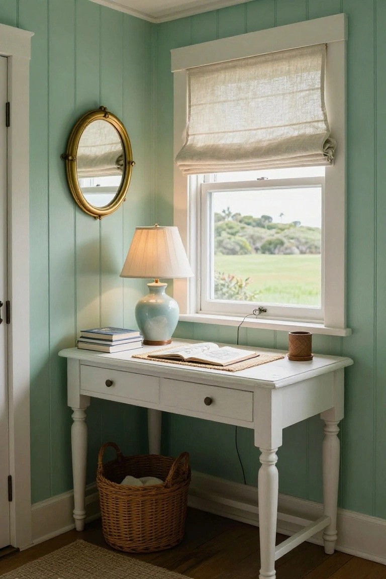 A white desk with a lamp, open book, and woven basket sits under a window in a room with light green walls and a round gold mirror.