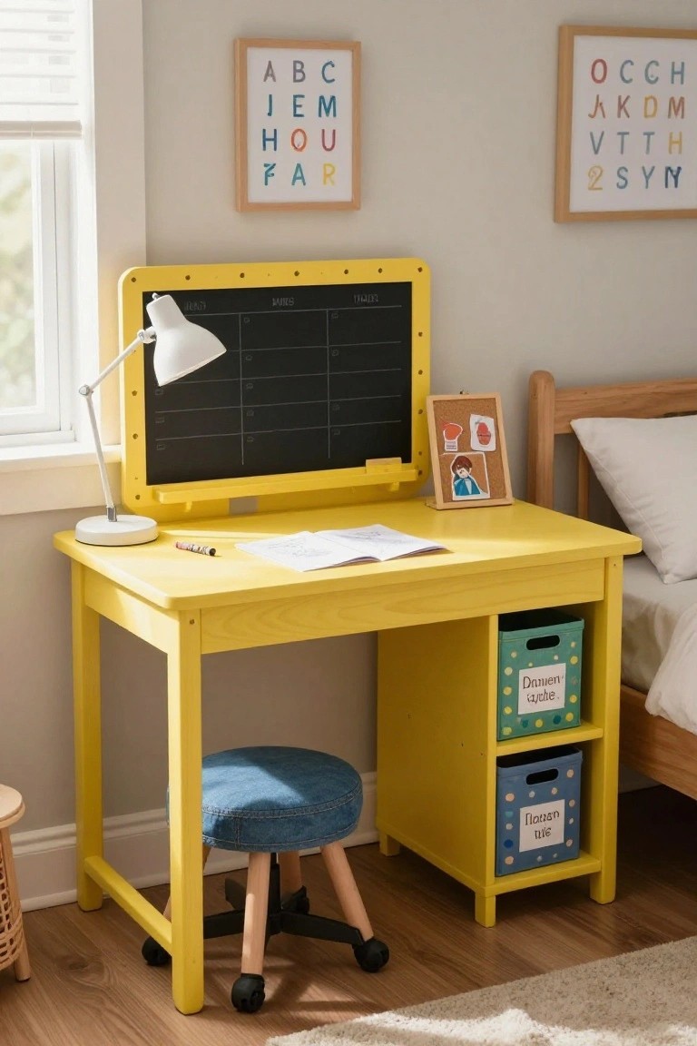 A yellow wooden desk with an integrated black chalkboard back panel, positioned in a child's bedroom corner next to a bed, with storage bins and a stool.